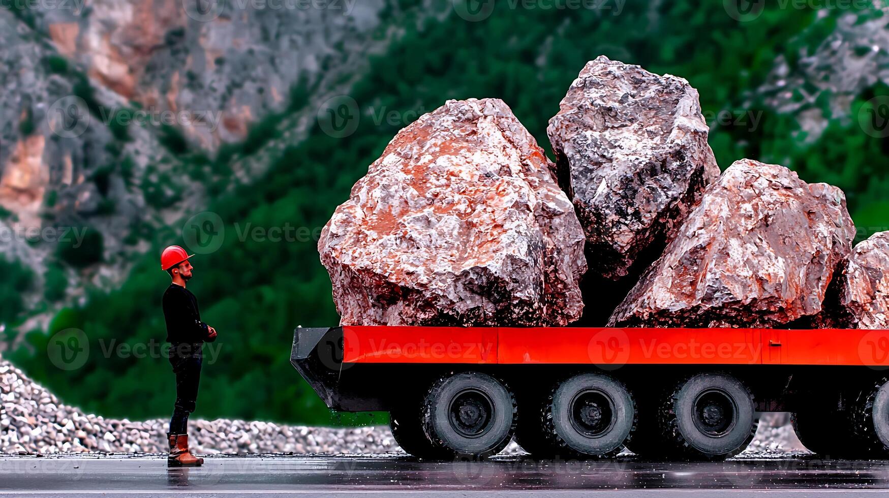 Worker observing large rocks being transported in a quarry surrounded by mountainous terrain photo