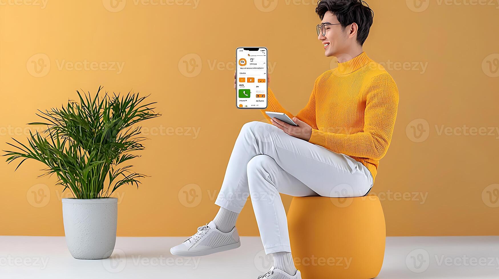 Young man in a bright yellow sweater showcasing a mobile app on his smartphone against a vibrant backdrop photo
