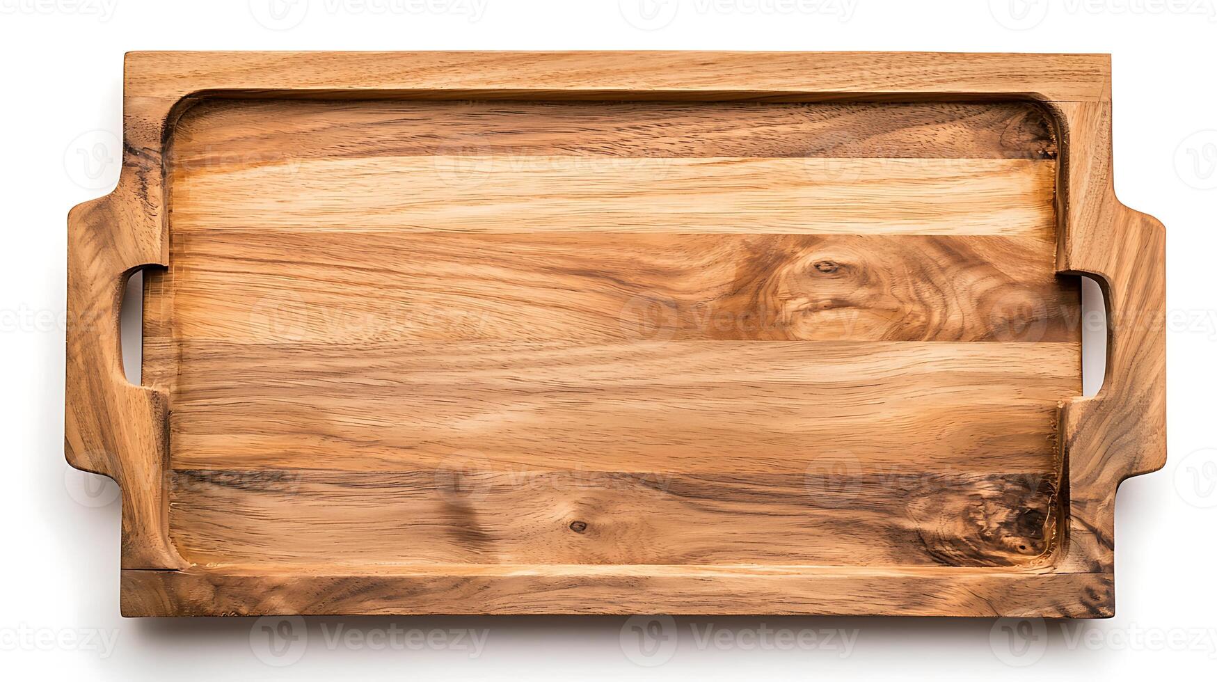 Wooden serving tray with natural grain patterns, isolated on a white background for culinary use photo