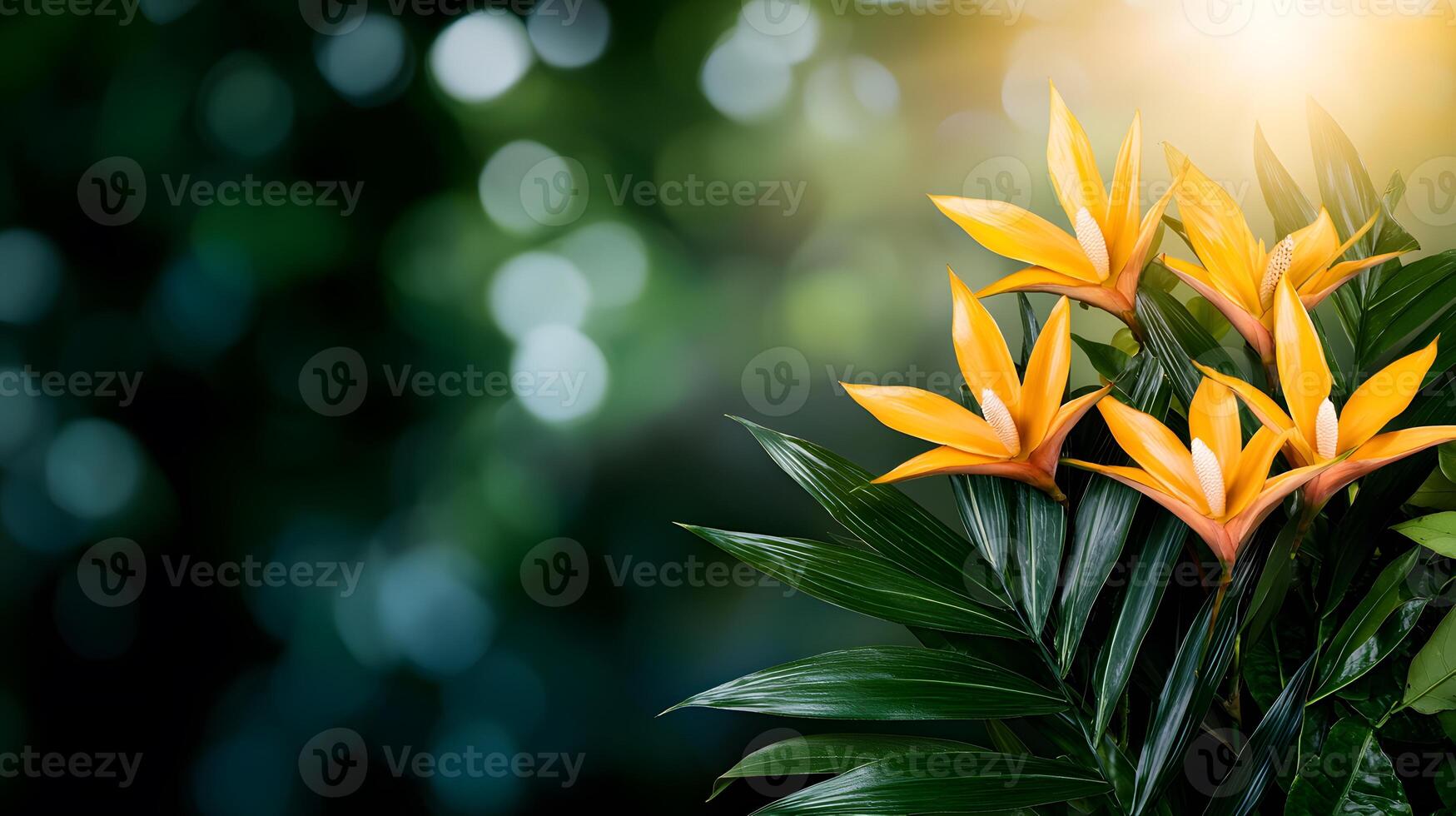 Vibrant yellow flowers blooming amidst a lush green background with soft bokeh lighting photo