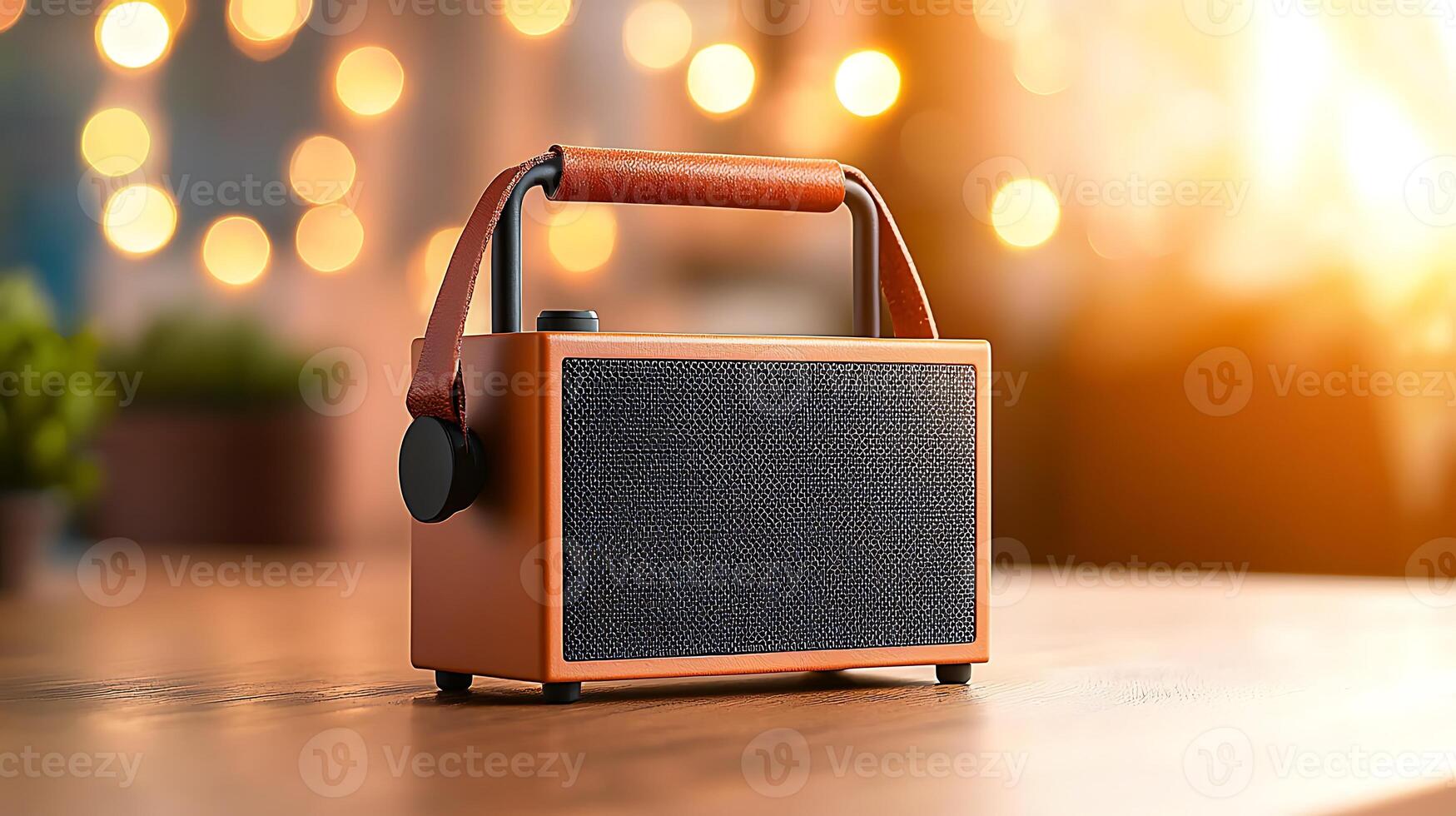 Vintage-style portable speaker on a wooden table with blurred warm lights in the background photo