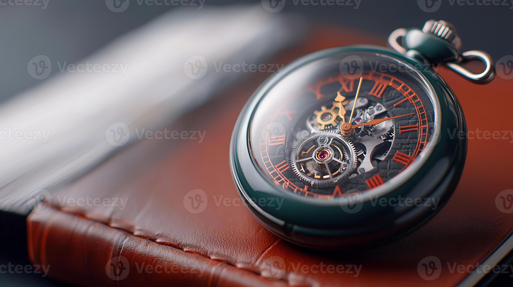 Vintage pocket watch resting on a leather notebook, showcasing intricate mechanics and elegant design photo