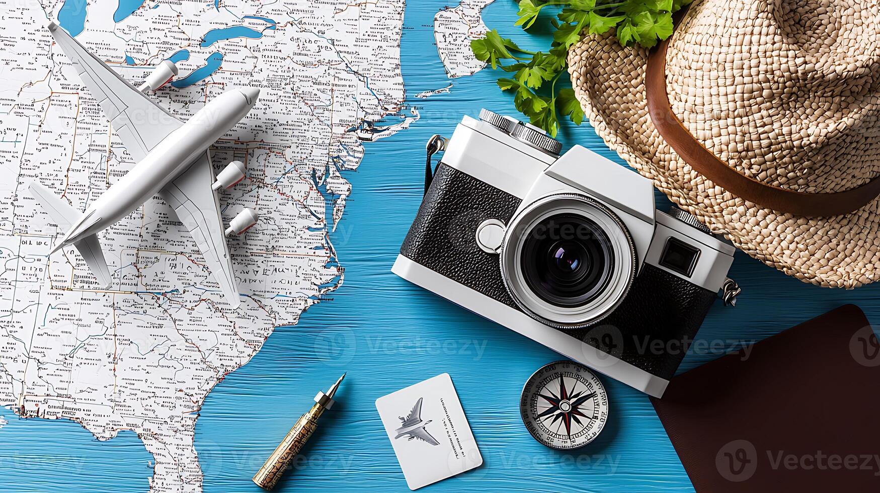 Vintage camera and travel essentials on a map, showcasing adventure planning with a hat photo