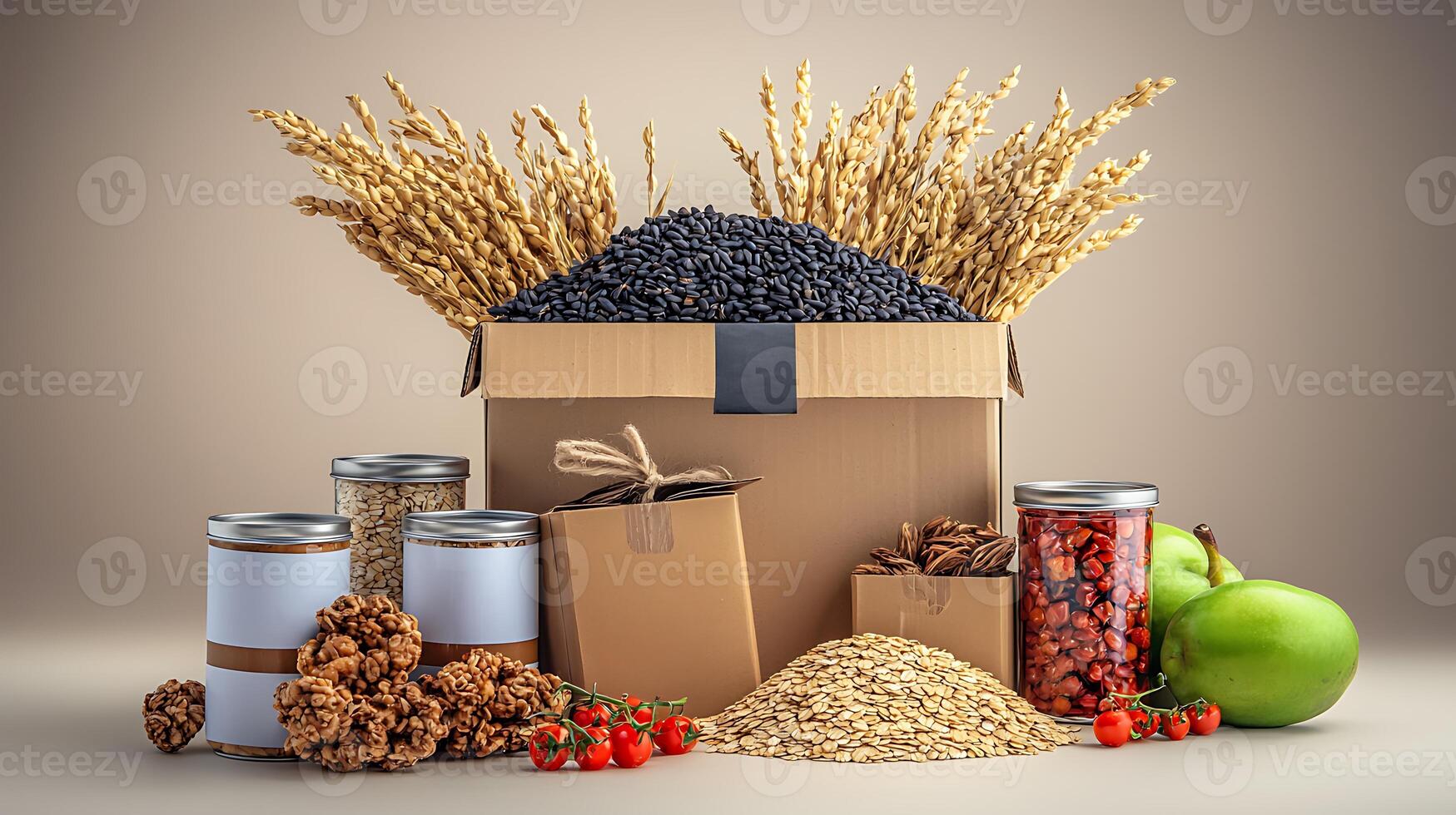 A beautifully arranged display of various grains, fruits, and preserved foods in a box setting photo