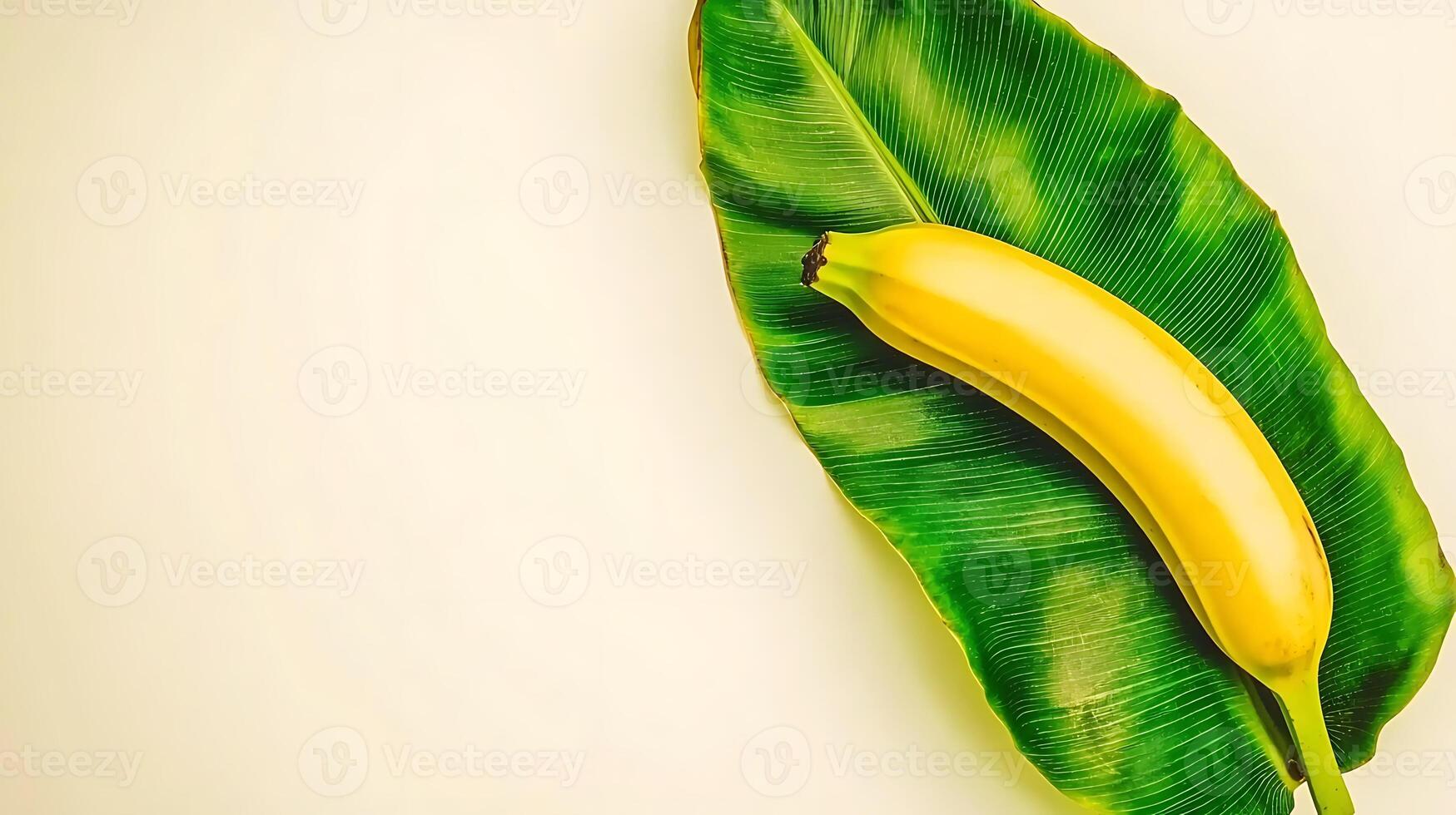 Vibrant yellow banana resting on a green tropical leaf against a soft neutral background photo