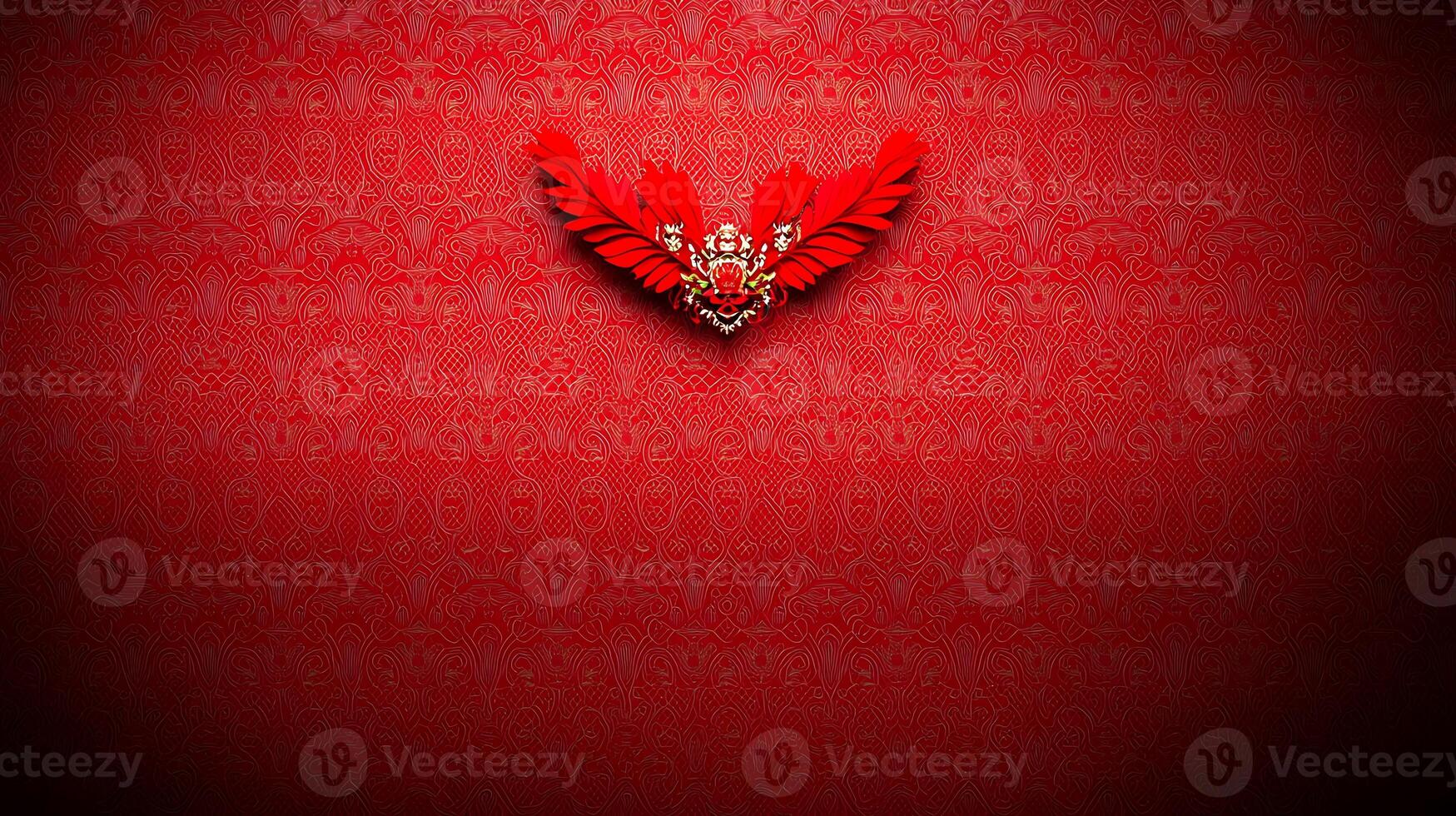 Vibrant red background with ornate patterns and a striking feathered emblem at the center photo
