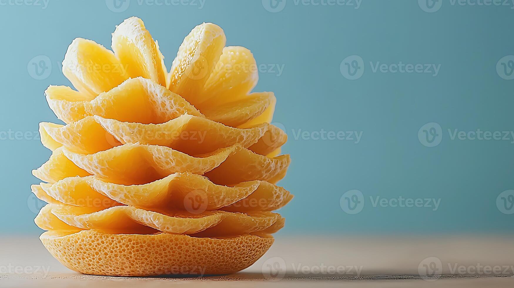 A beautifully arranged stack of yellow sponge layers resembling a pineapple against a blue background photo