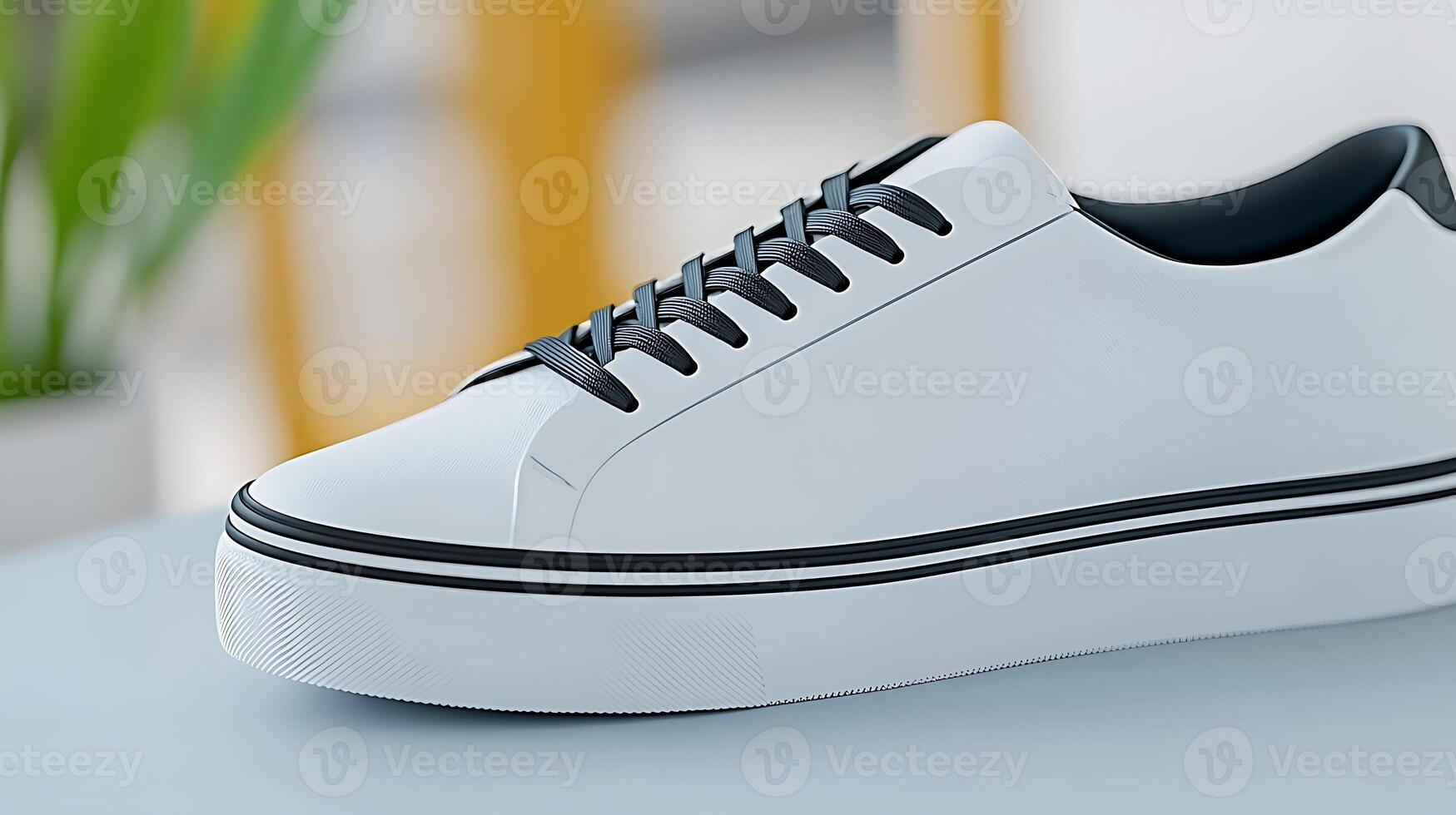 A close-up view of a stylish white sneaker on a table with a blurred background of indoor plants photo