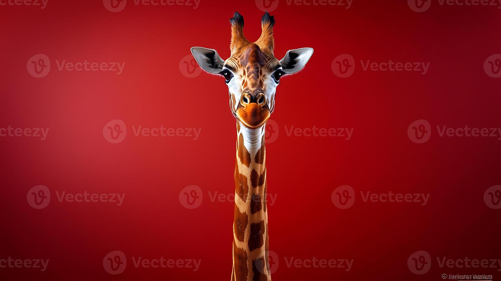 A close-up portrait of a giraffe against a vibrant red background, showcasing its unique features photo