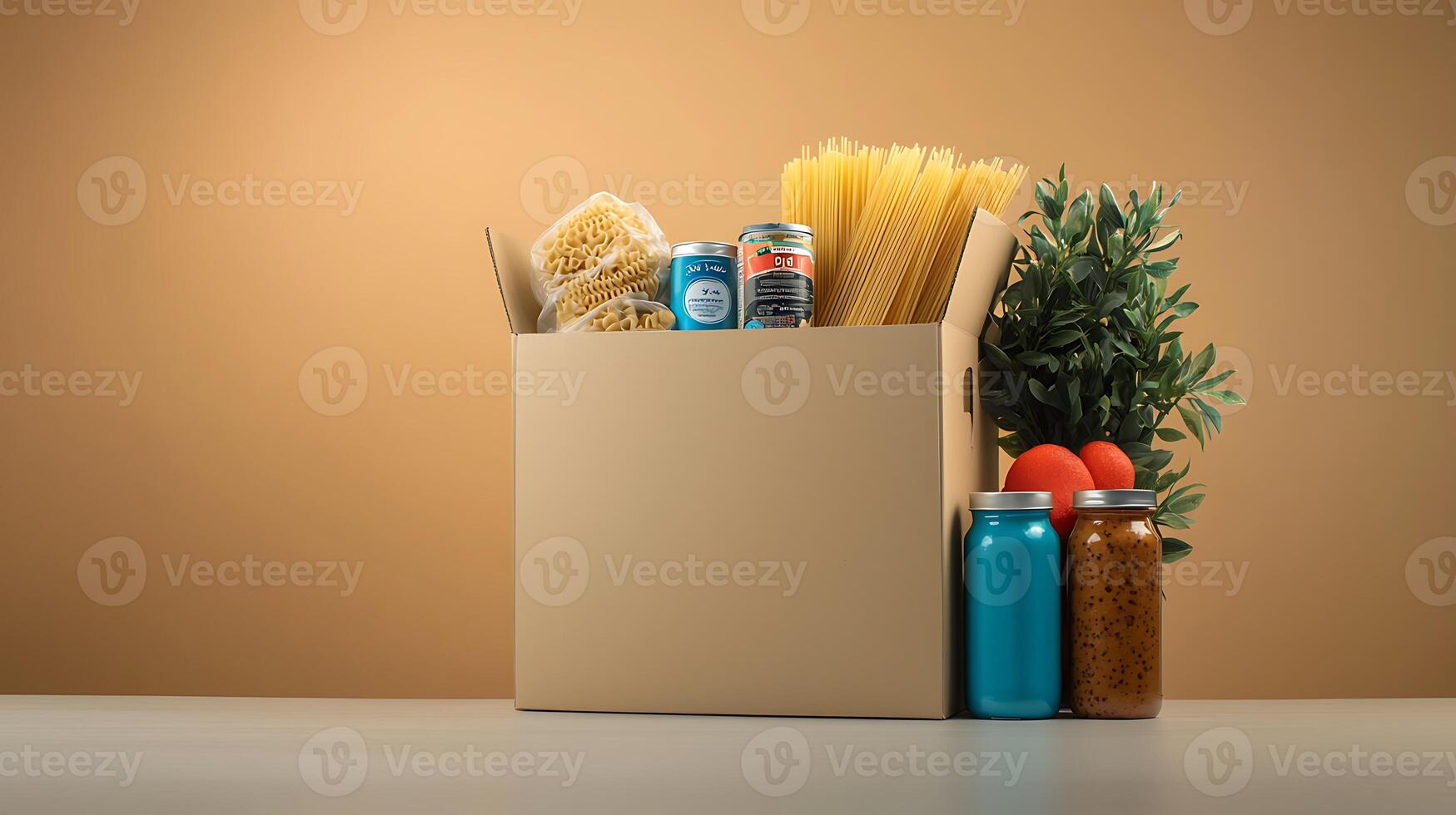 A cardboard box filled with pasta, canned goods, and jars, set against a warm background photo