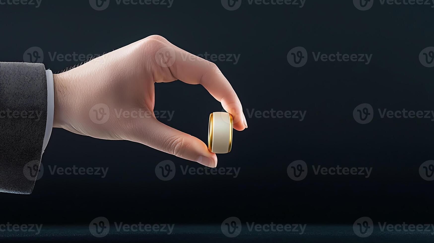 A close-up of a hand holding a shiny gold ring against a dark background, symbolizing elegance photo