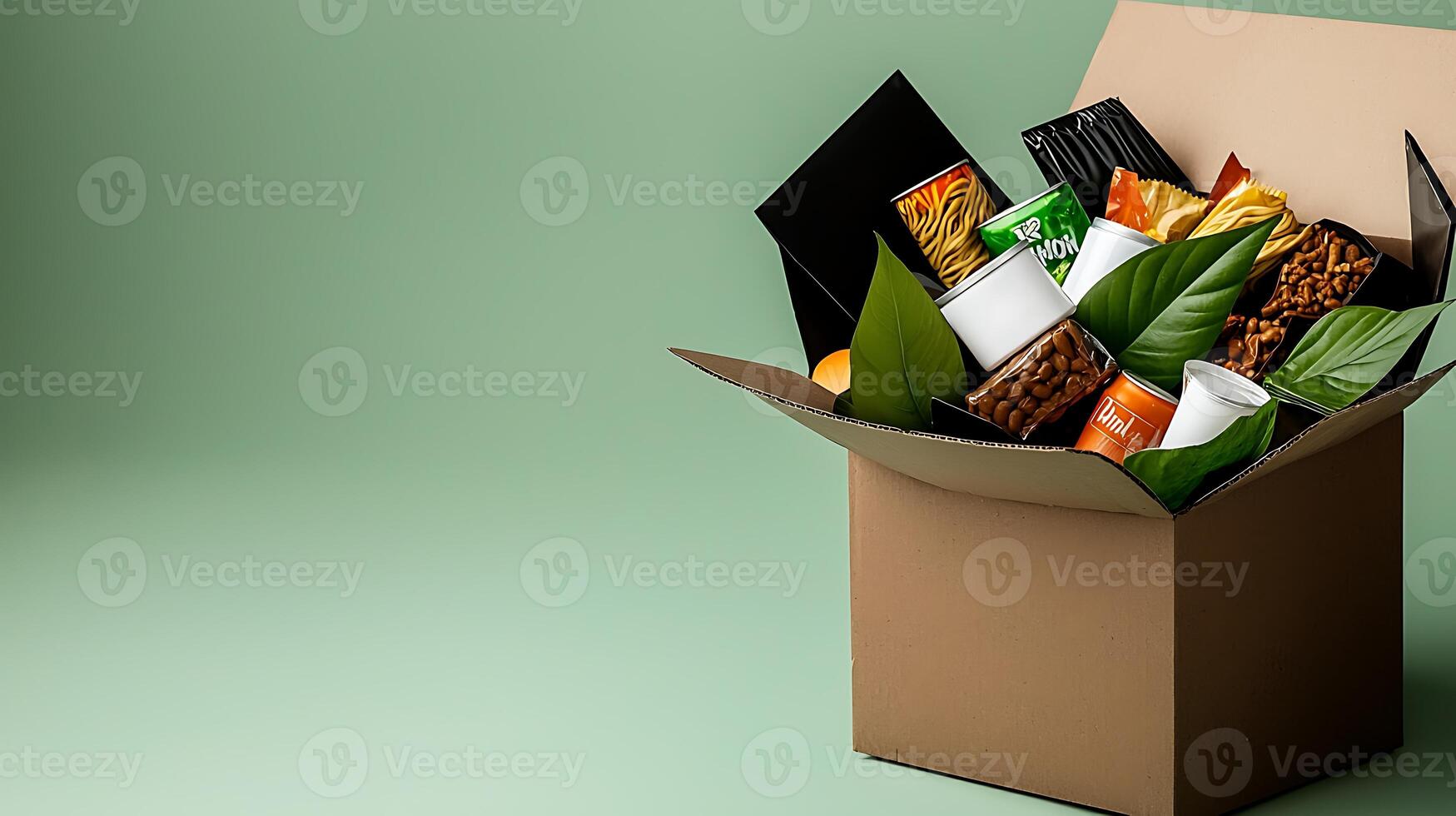 A cardboard box filled with assorted snacks and beverages, surrounded by green leaves on a soft background photo