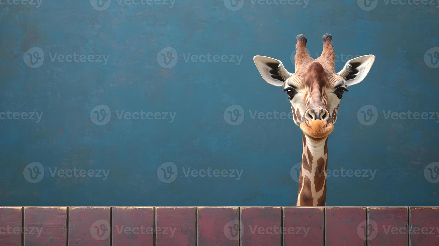 A curious giraffe peeks over a wooden fence against a textured blue background photo