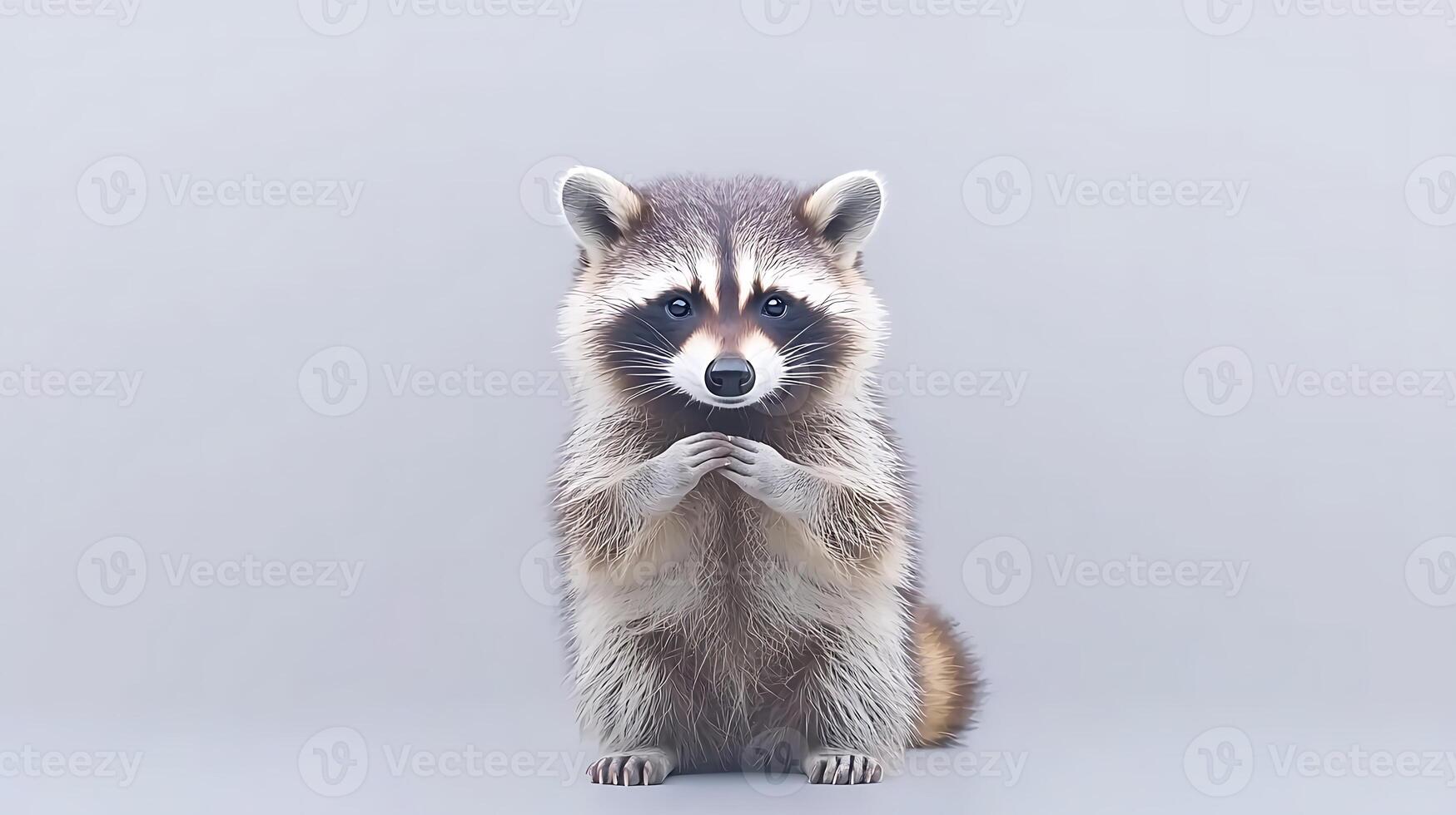 A cute raccoon sitting upright with paws clasped, against a soft gray background, showcasing its playful nature photo
