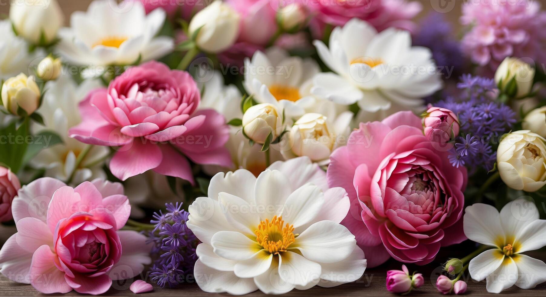 A bunch of flowers are arranged on a table photo