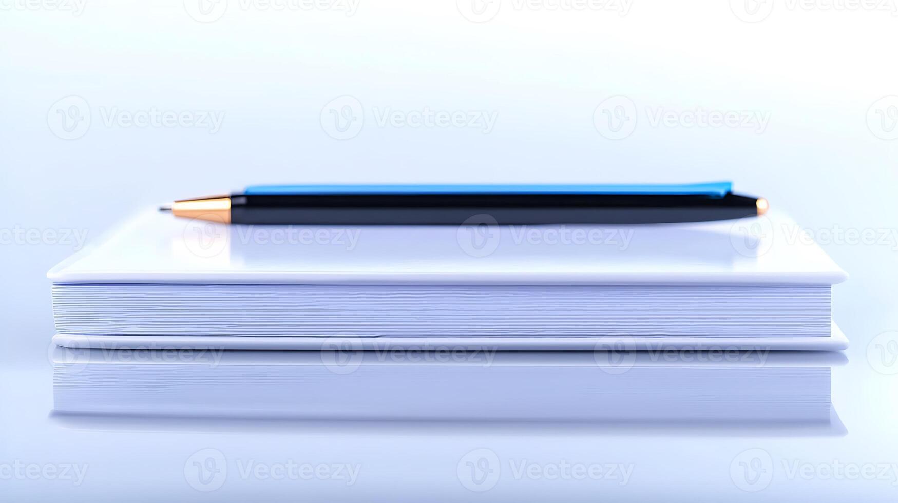A sleek black pen resting on a pristine stack of white notebooks against a minimalistic background photo