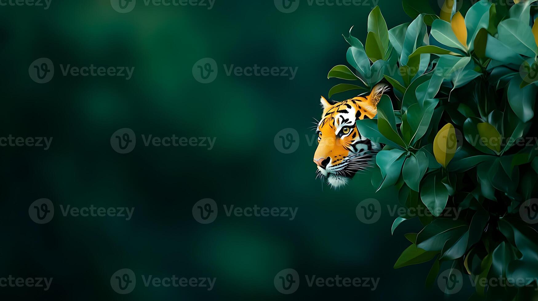 A majestic tiger peeking through lush green foliage in a serene forest setting photo