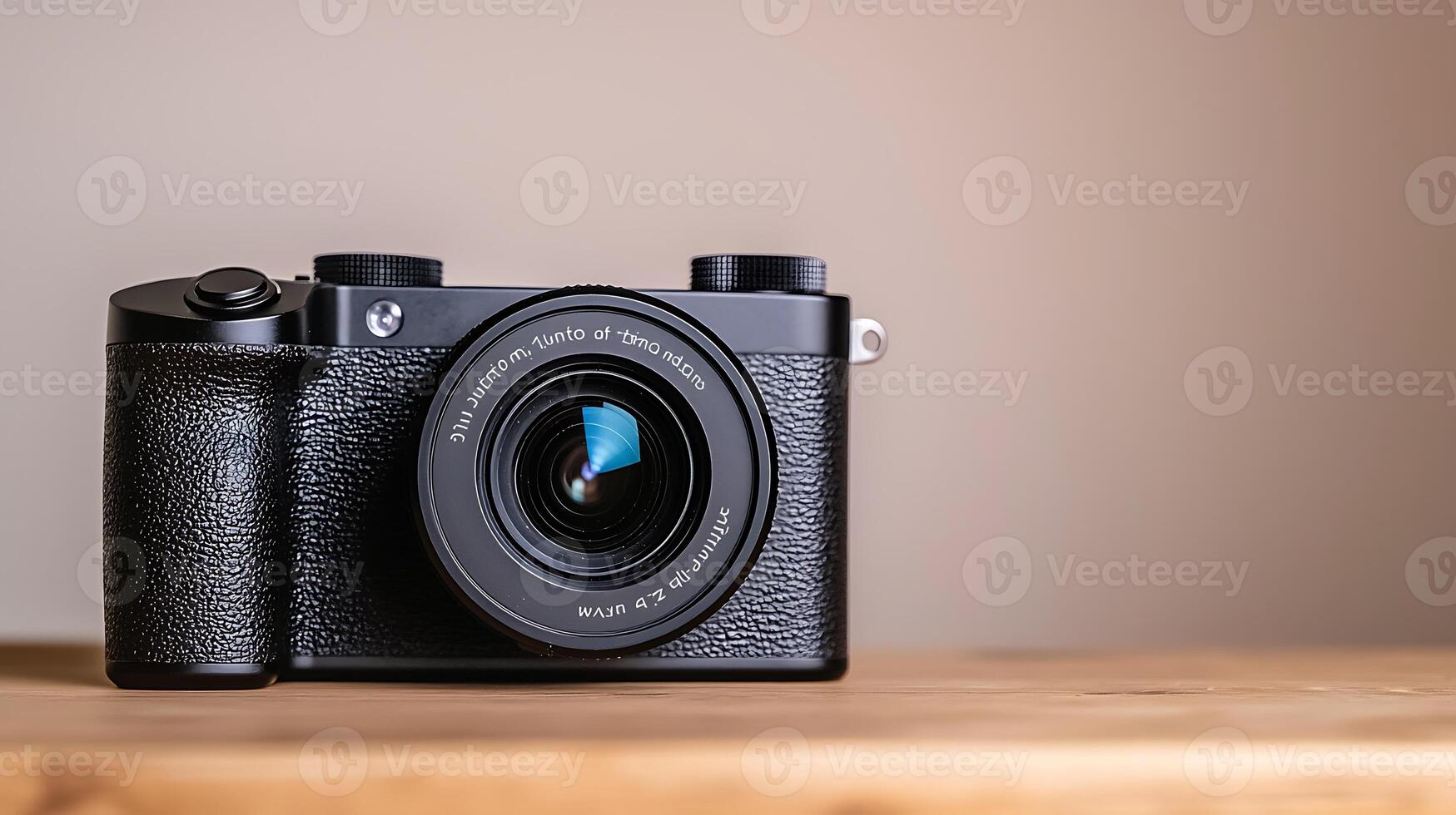 A sleek black camera with a lens sits on a wooden surface, showcasing modern design and functionality photo
