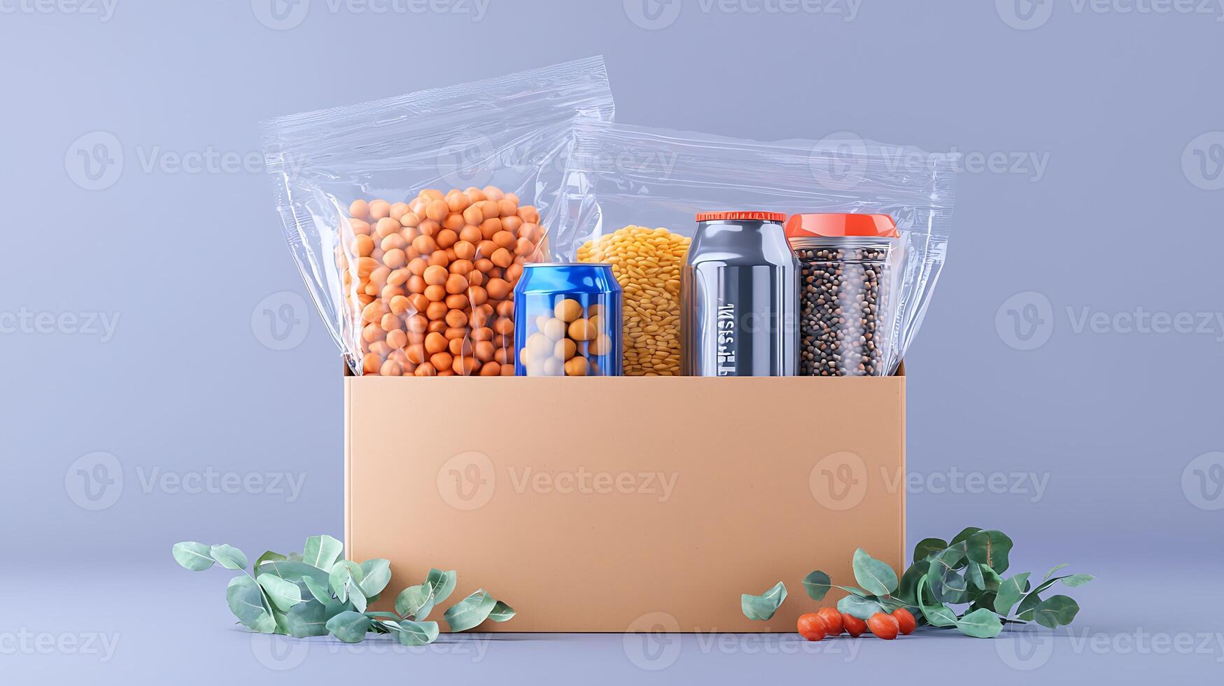 A neatly arranged box containing various snacks and beverages on a soft purple background photo