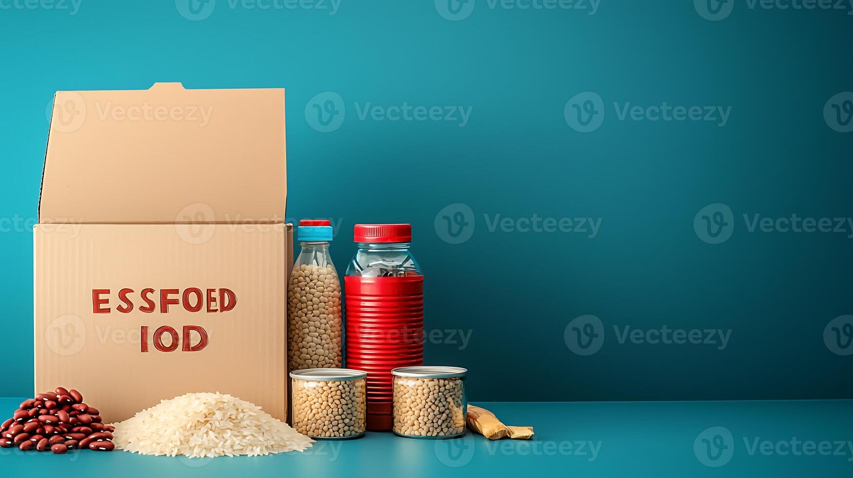 A neatly arranged food packaging scene with jars, grains, and a takeaway box on a blue background photo