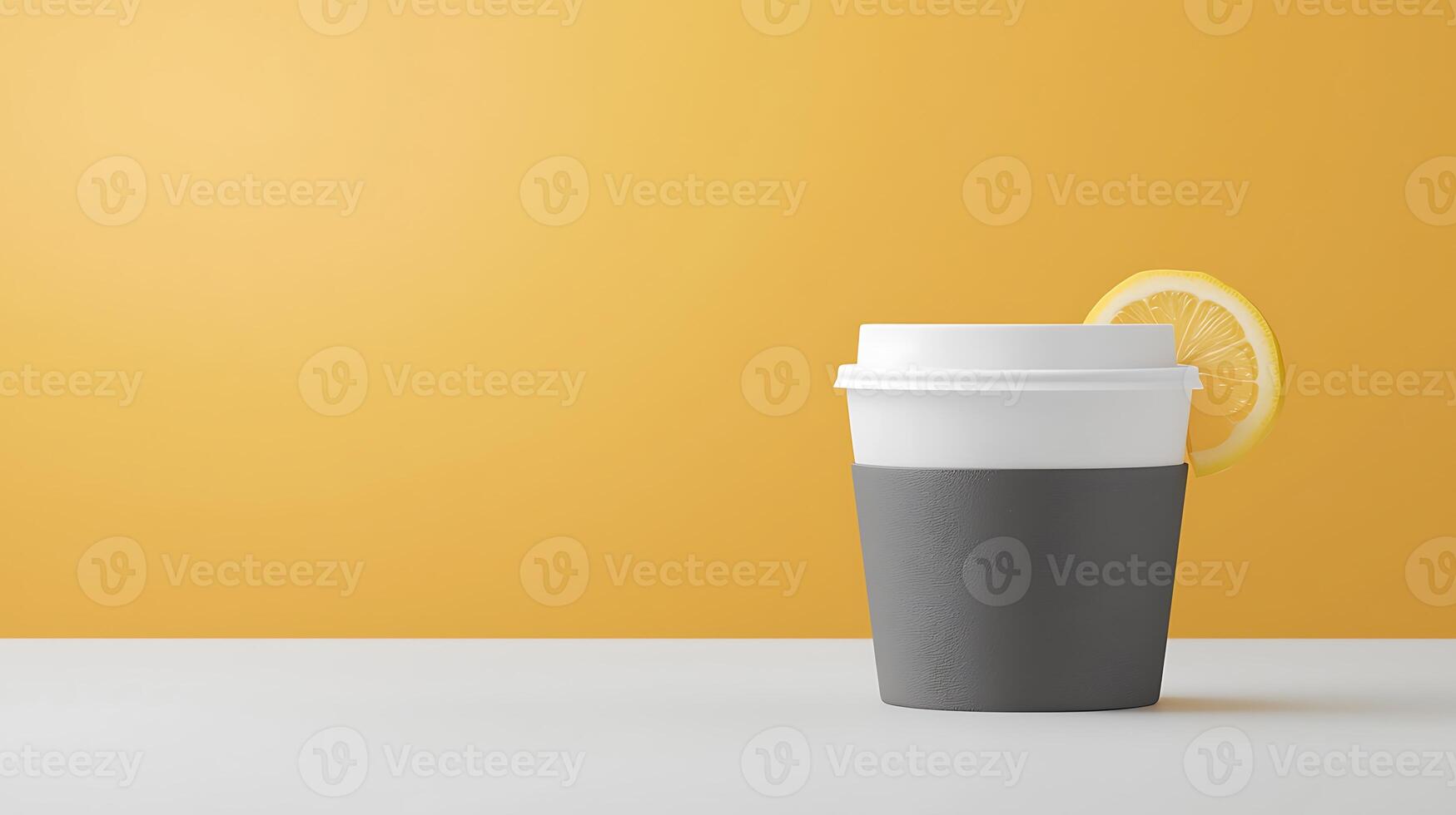 A stylish takeout cup with a lemon slice, set against a vibrant yellow background, creating a fresh vibe photo