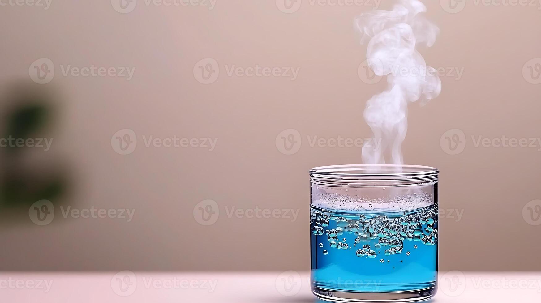 A glass of blue liquid with steam rising, set against a soft background, evoking calm photo
