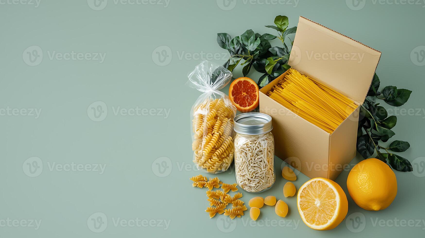 A vibrant arrangement of pasta varieties, citrus fruits, and greenery on a soft green backdrop photo