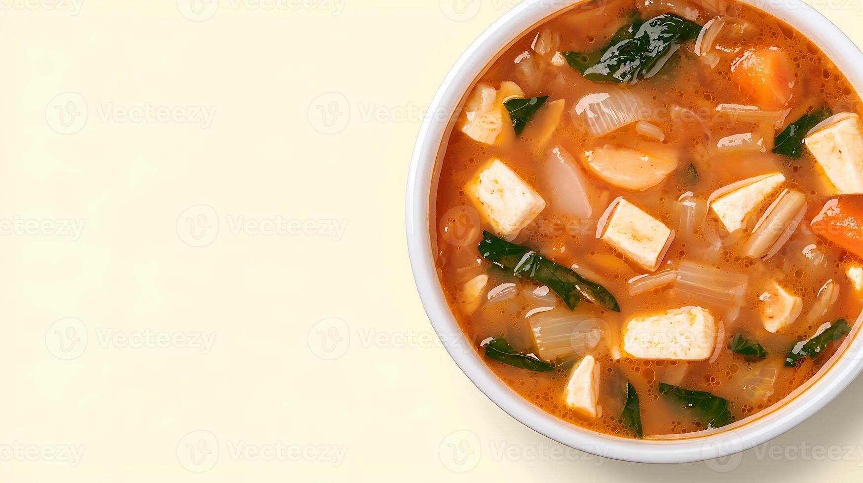 A vibrant bowl of spicy tofu soup featuring fresh vegetables against a soft pastel background photo