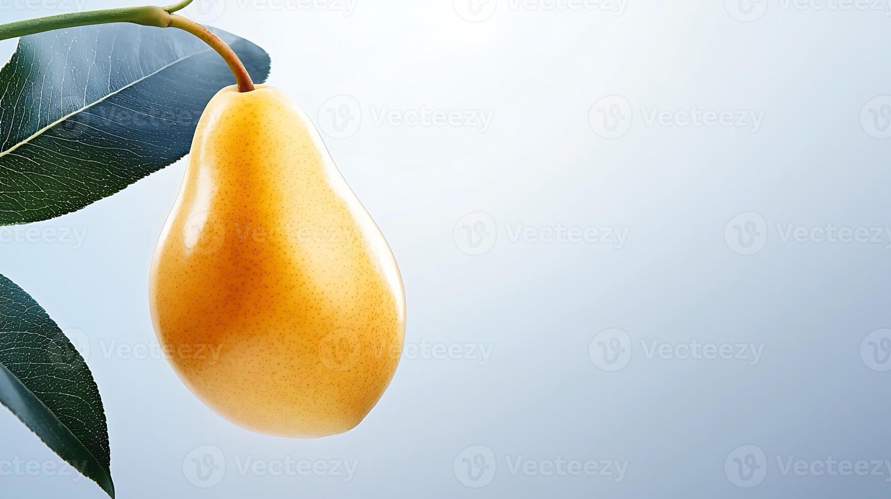A vibrant yellow pear hanging from a green leaf against a soft blue gradient background photo
