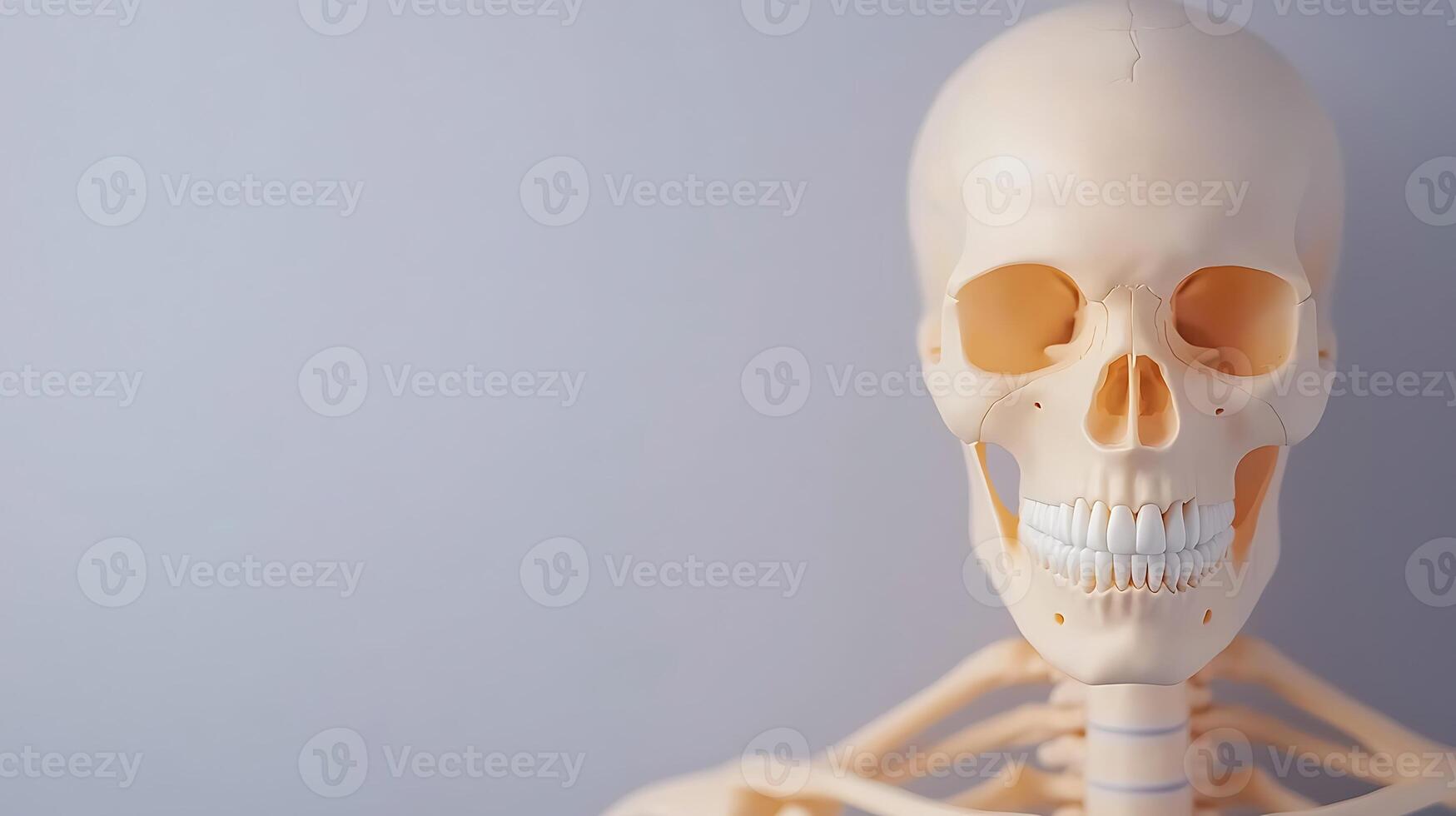 Anatomical human skeleton model displayed against a plain background for educational purposes photo