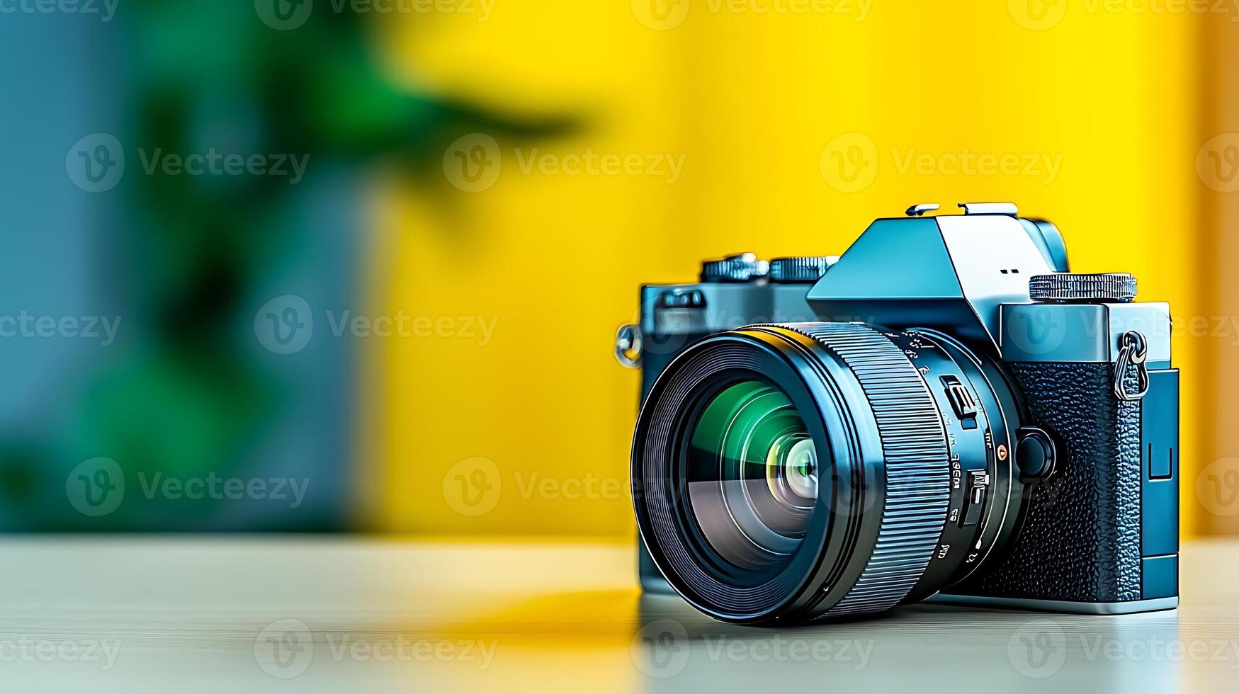 A vibrant blue camera with a large lens sits on a table against a colorful background photo