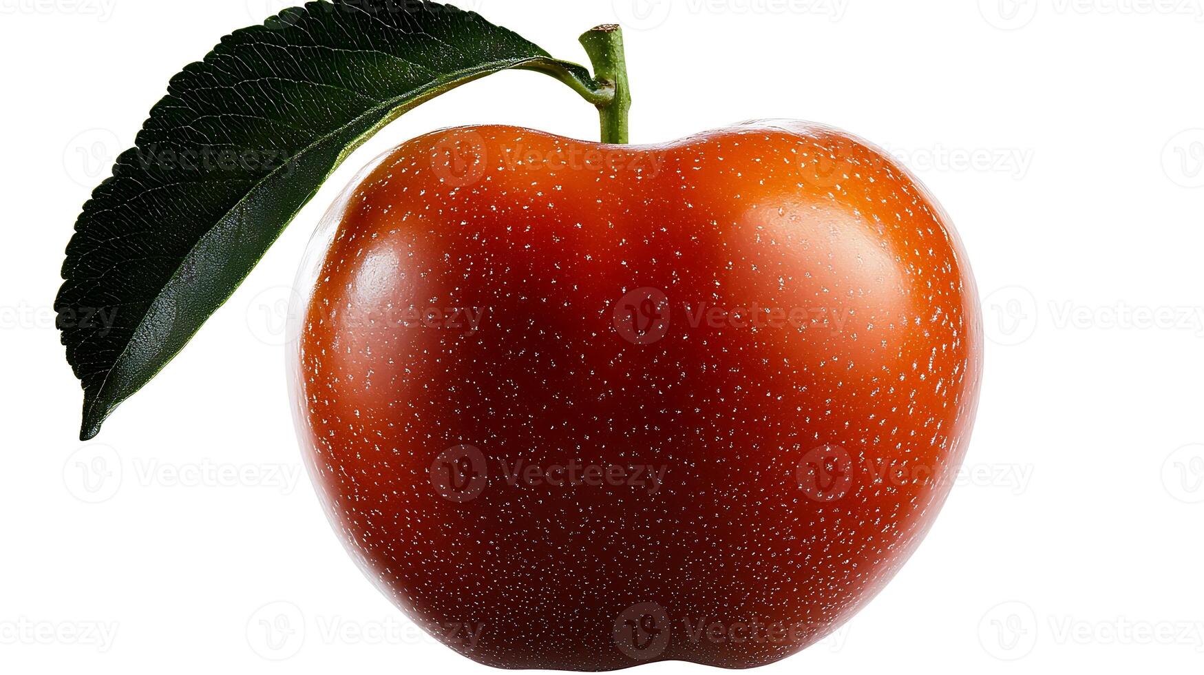 A vibrant red apple with a green leaf, isolated on a white background, ideal for food photography photo