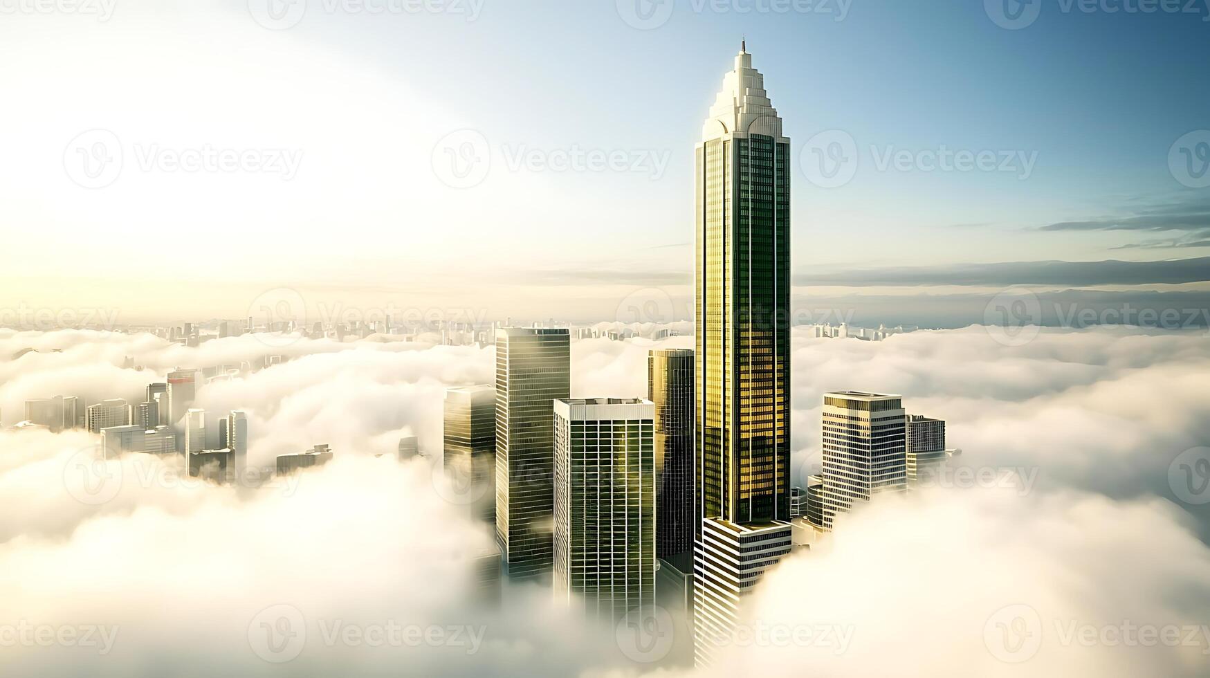 Aerial view of skyscrapers emerging from fog, showcasing modern architecture and city life photo
