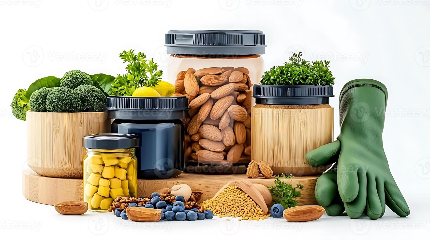 Assorted healthy ingredients in jars and containers, showcasing fresh produce and nuts photo