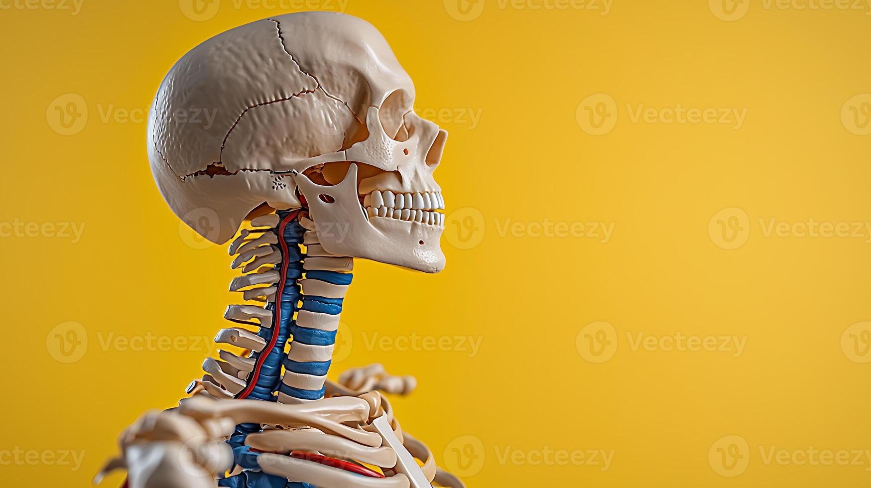 Anatomical model of a human skeleton against a vibrant yellow background, showcasing detailed features photo
