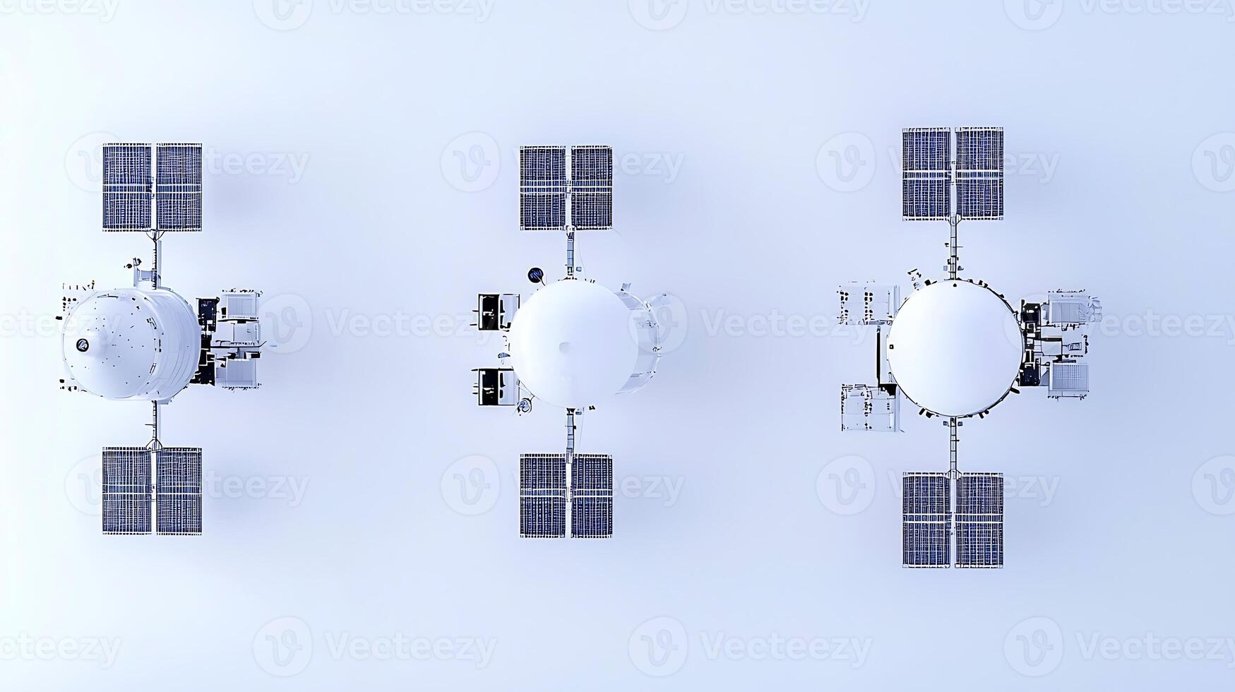 Aerial view of three spacecraft with solar panels, showcasing technology in a clean environment photo