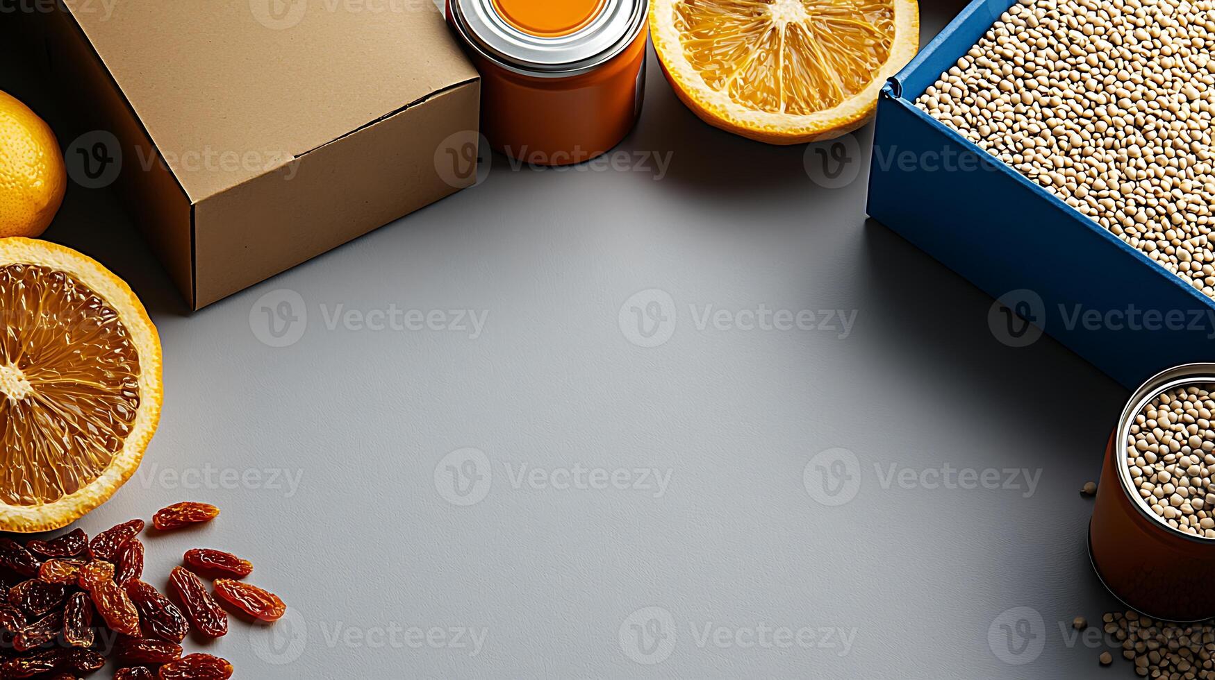 A vibrant arrangement of dried fruits, grains, and citrus on a gray surface, showcasing healthy snacks photo