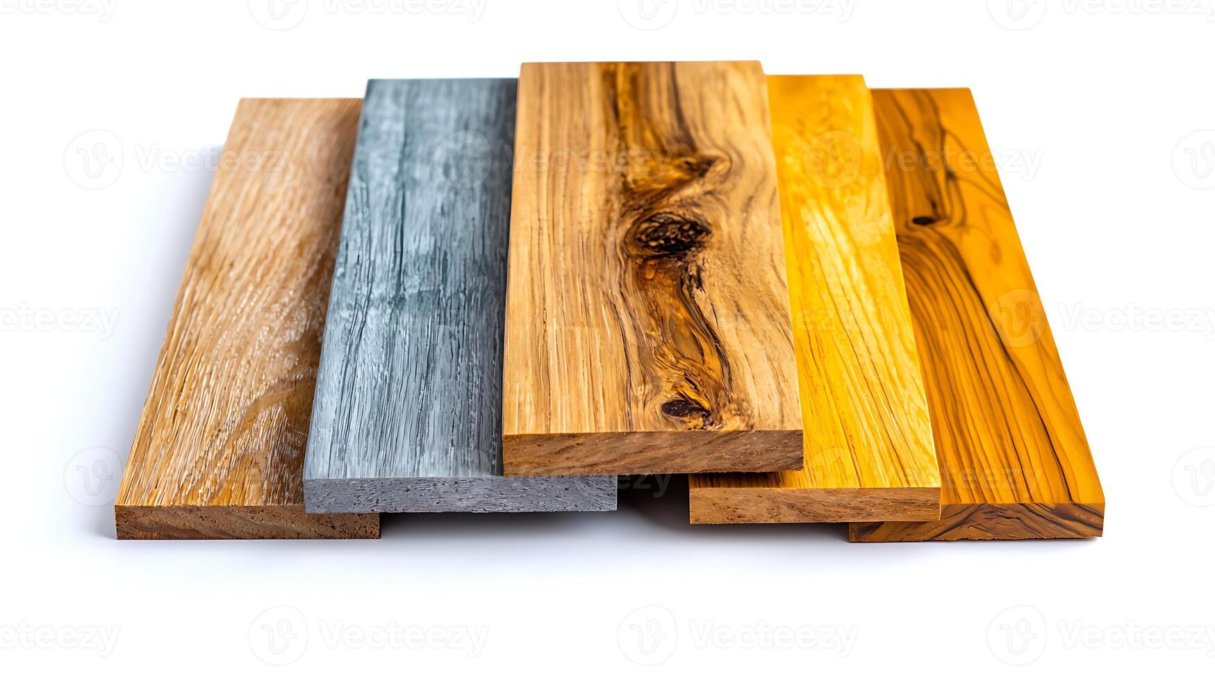 Assorted wooden planks showcasing various textures and colors, arranged neatly for display photo