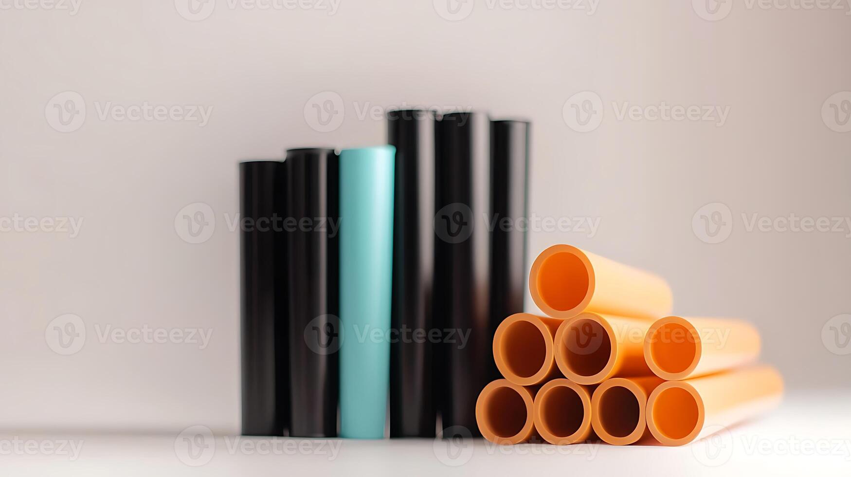 A vibrant arrangement of colored tubes in a minimalist setting, showcasing design and creativity photo