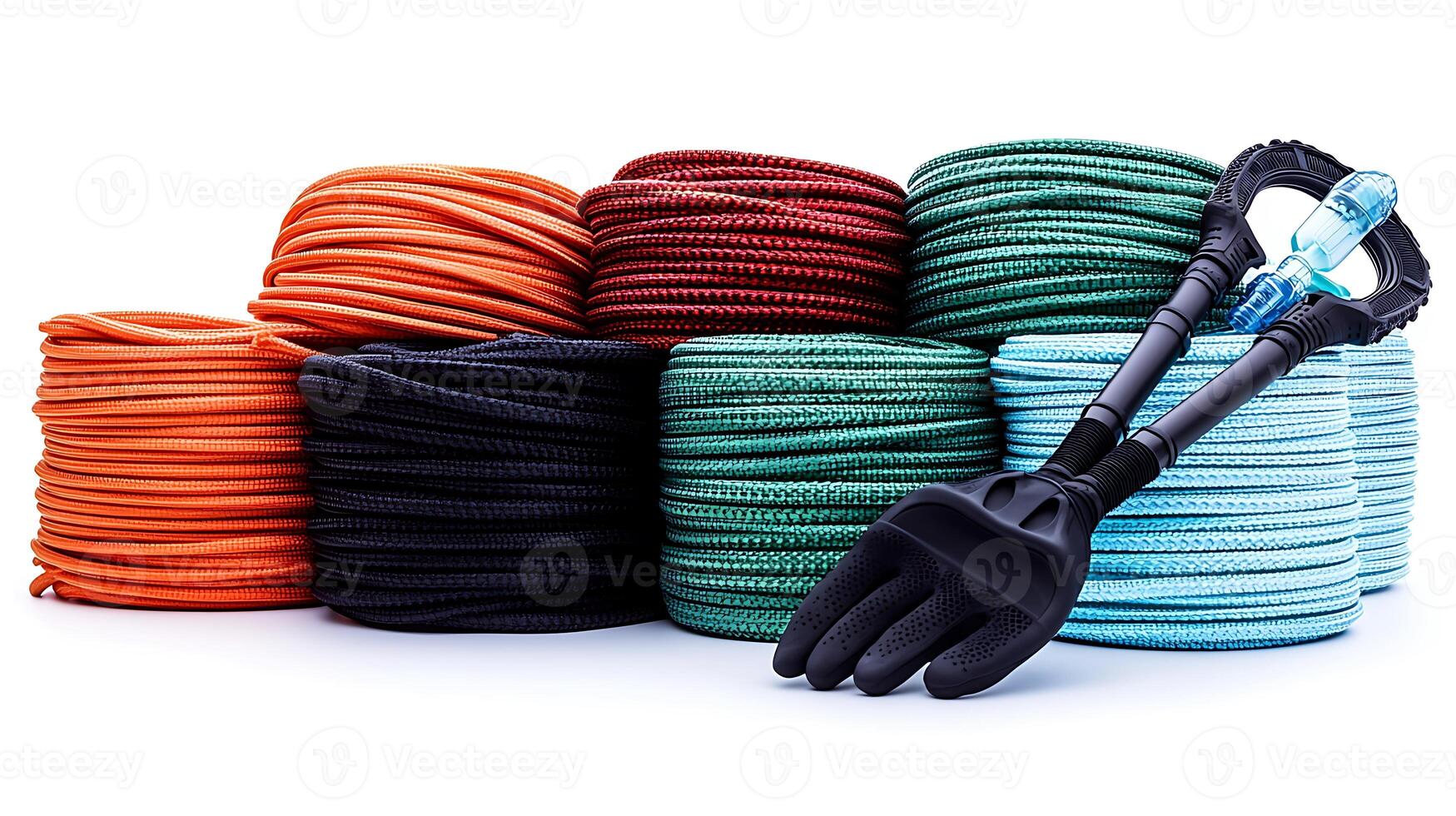 A vibrant collection of colorful ropes alongside a gardening tool against a white backdrop photo