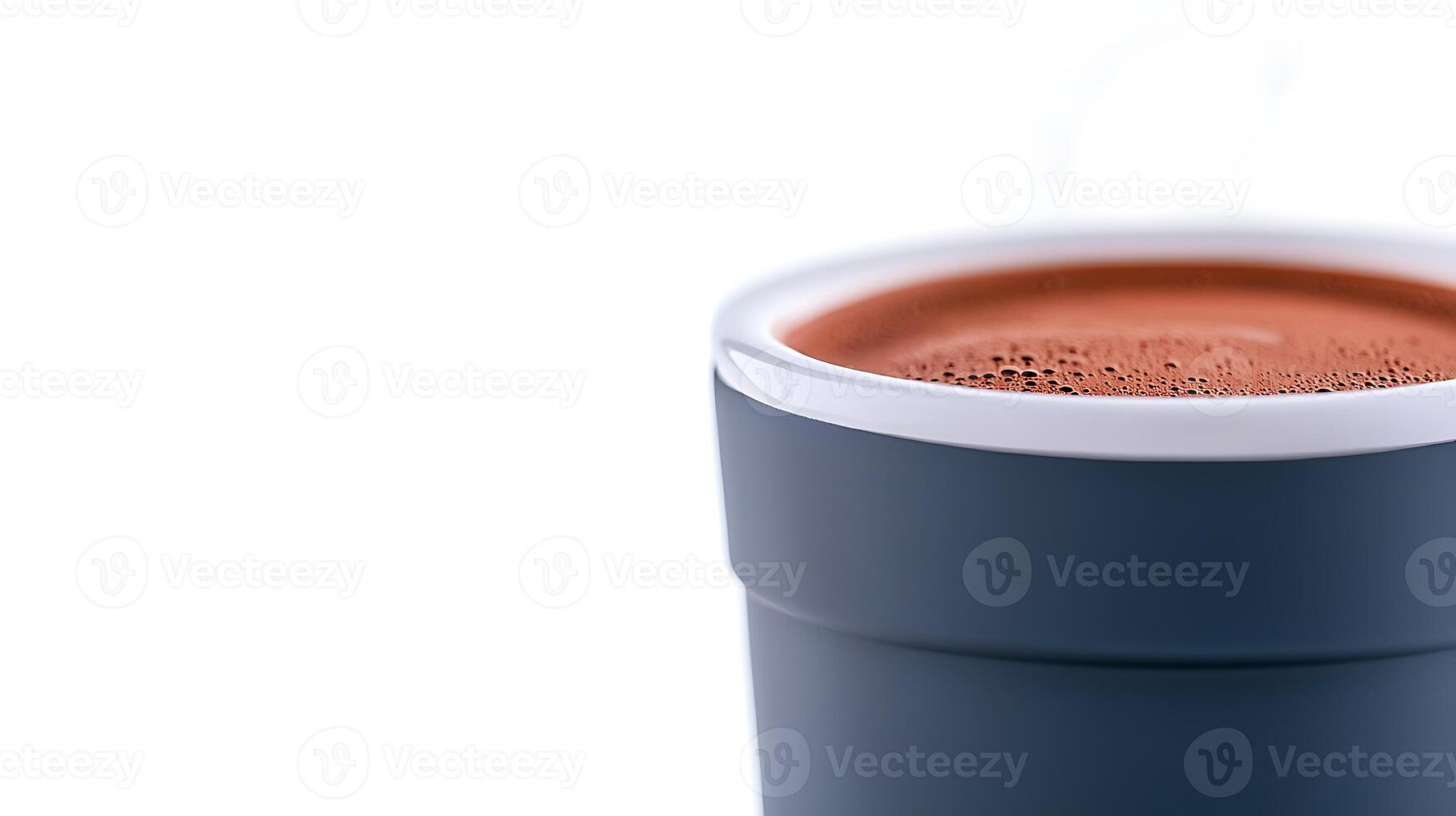 Close-up of a steaming cup of coffee against a minimalist white background, evoking warmth and comfort photo