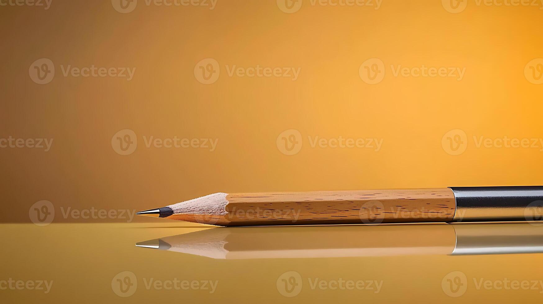 Close-up of a sharpened pencil resting on a reflective surface with a warm gradient background photo