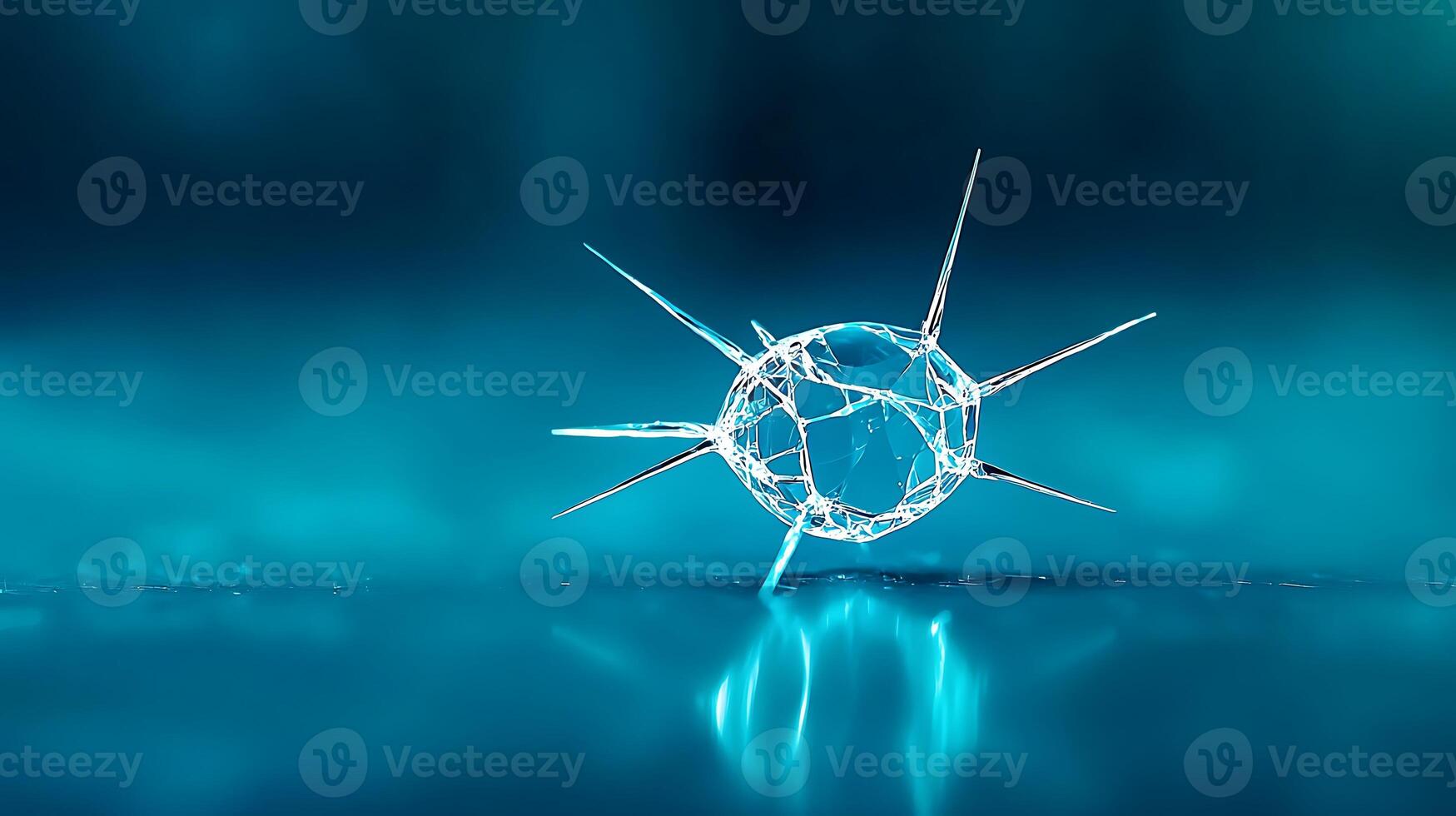 Close-up of a delicate crystal structure with sharp spikes against a soft blue background photo