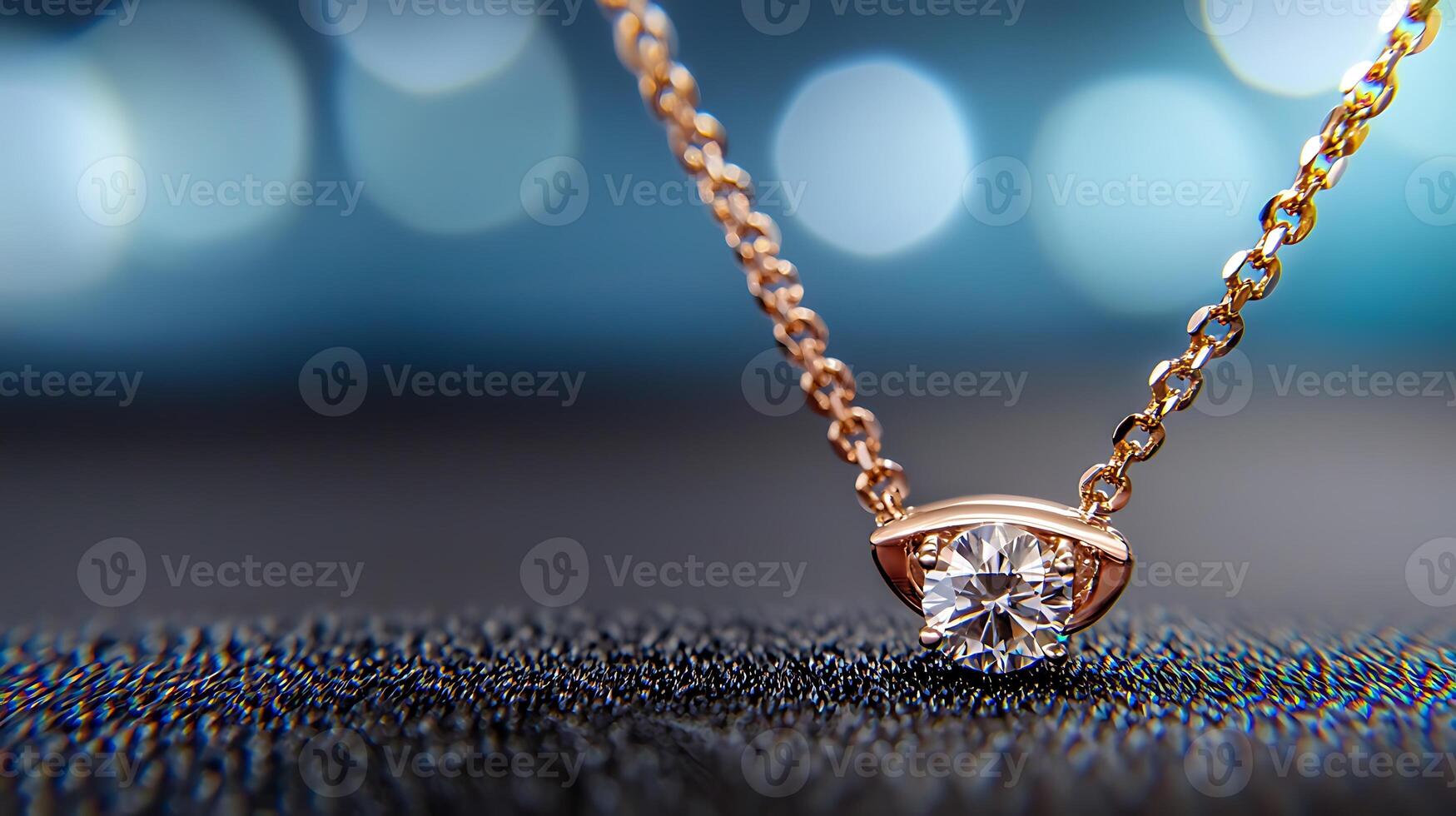 Close-up of a sparkling diamond pendant on a delicate chain against a blurred background photo