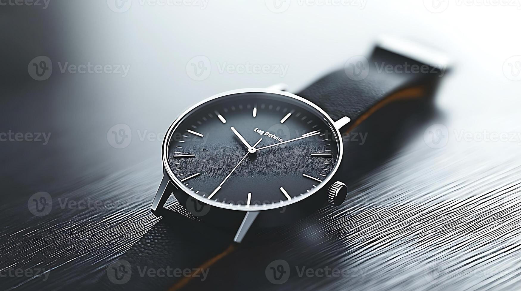 Close-up of a sleek black watch on a wooden surface, showcasing minimalist design and elegance photo