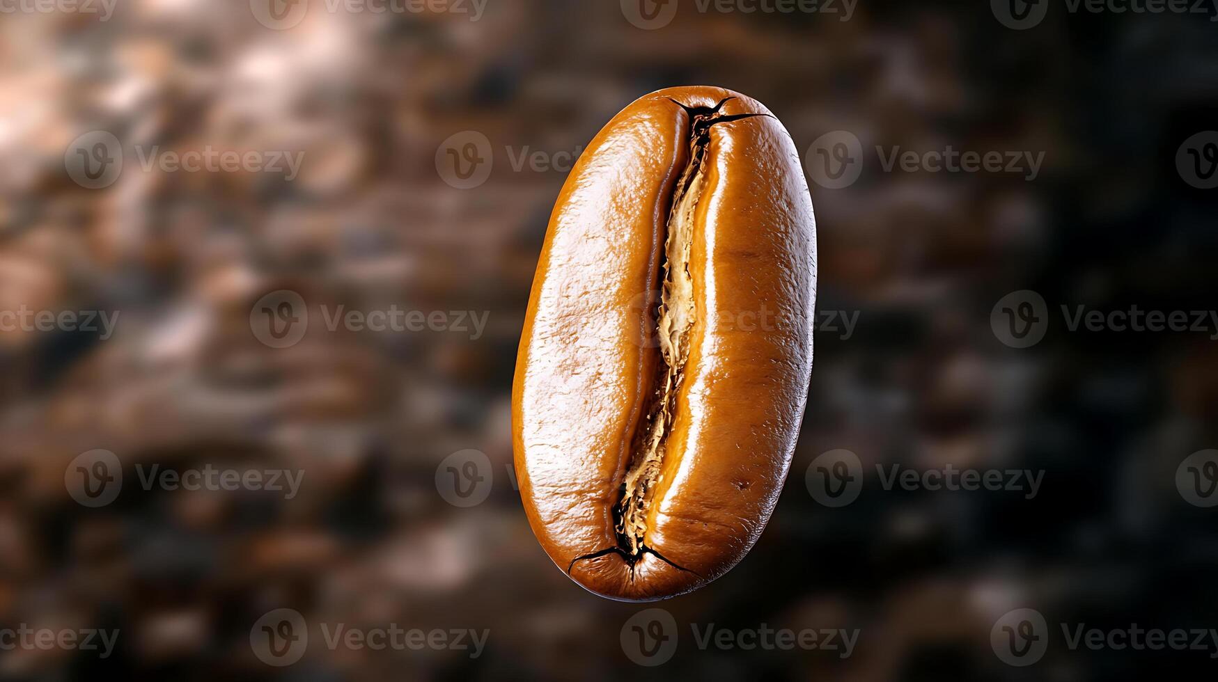 Close-up of a coffee bean floating against a blurred rustic background, highlighting its texture photo