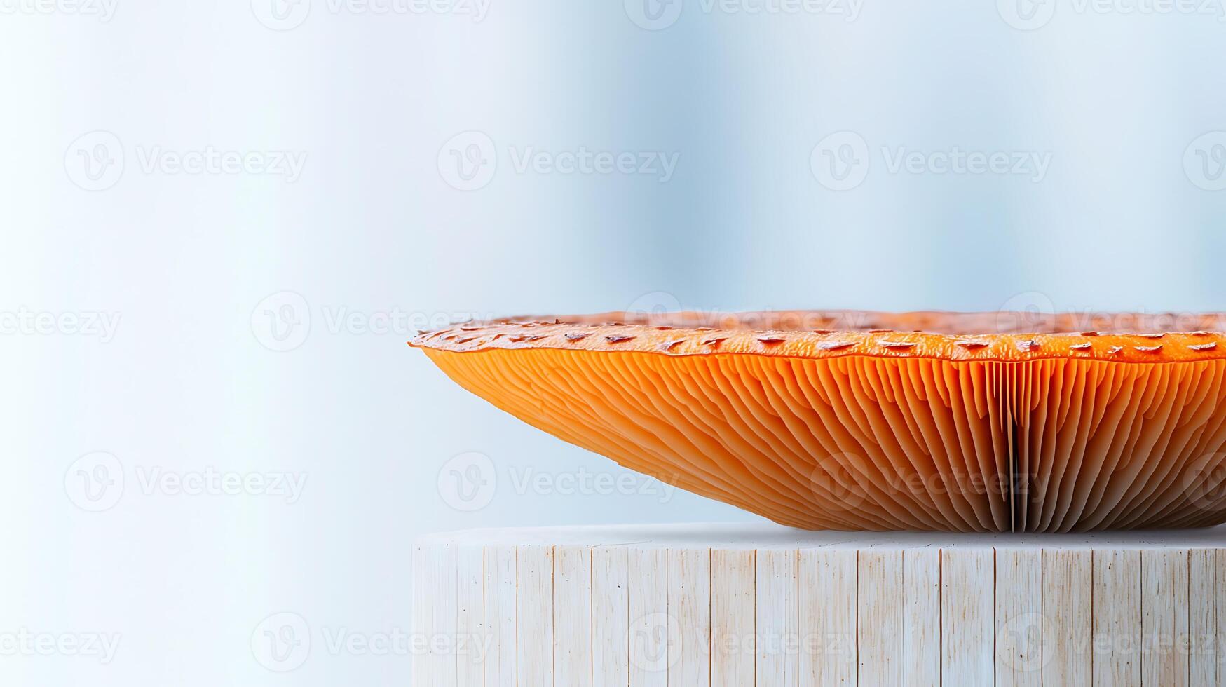 Close-up of a beautifully crafted mushroom-shaped object on a wooden pedestal against a soft background photo