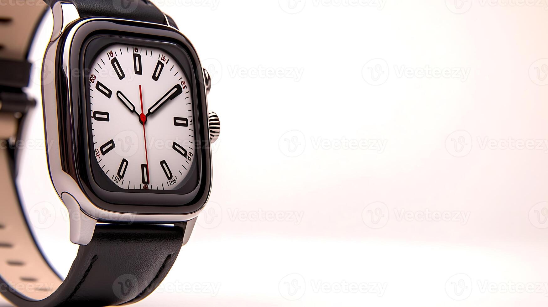 Close-up of a sleek modern watch with a white face and black strap on a minimalist background photo