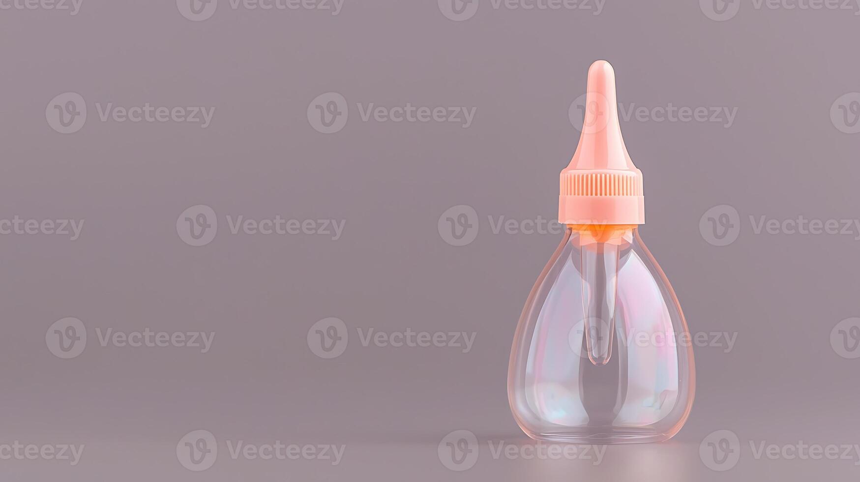 Clear dropper bottle with a pink cap on a minimalist gray background, showcasing product design photo