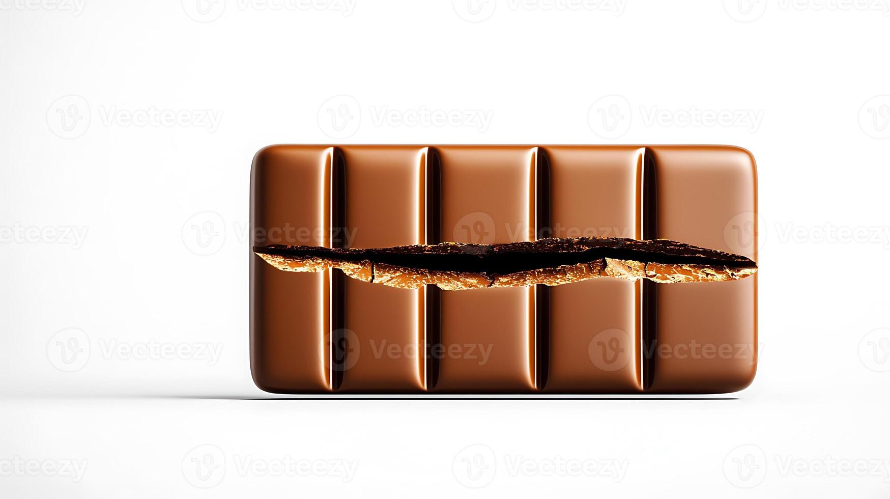 Close-up of a broken chocolate bar revealing textured interior against a plain white background photo